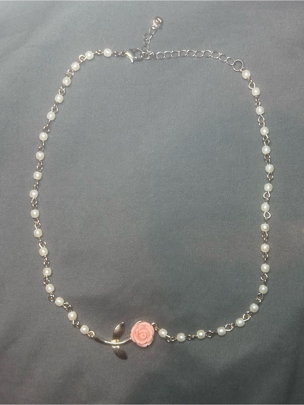 Delicate Pearl Chain Necklace with Pink Rose Accent
